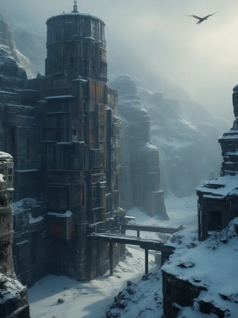 Out there and back, a desolate sci-fi Siberian winter landscape, epic scaled mountains, a grim looking Black iron and concrete Brutalist style industrial outpost intricately built into the mountain, a gritty and moody atmosphere, paradoxical architecture, ...