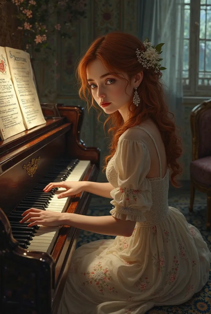  beautiful girl , in the hands of a grand piano , , an inscription on NTFO , cards and a checkerboard sleeve