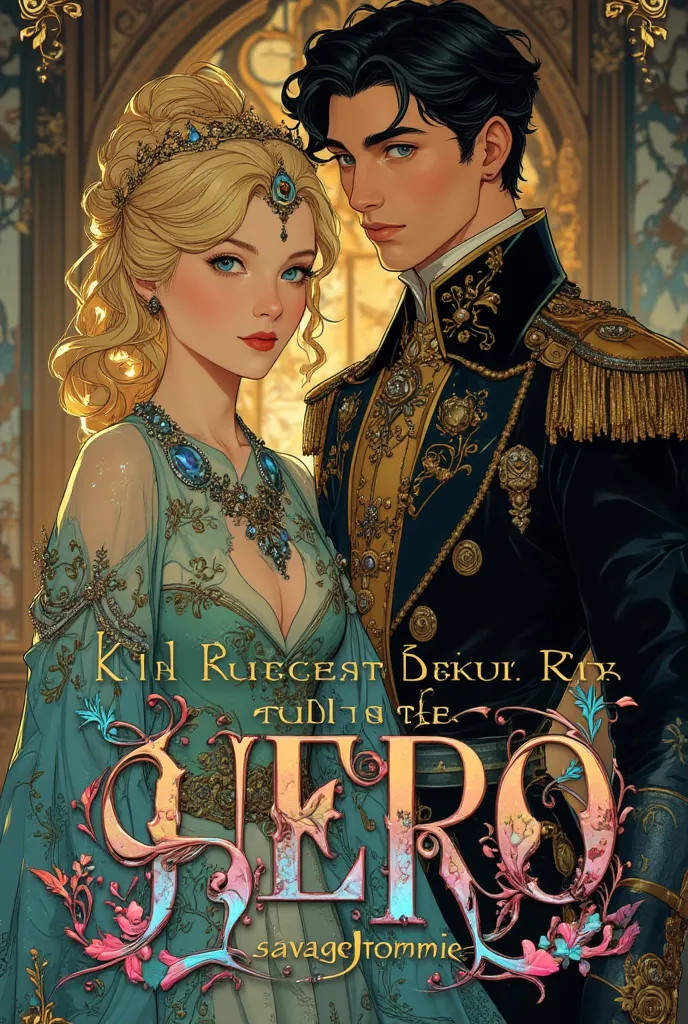 An otome book cover of a beautiful 17-year-old rainasances princess with blond hair beautiful blue eyes (she is a Korean villainess) ahe is wearing extravagant ball gown decorated with diamonds and beautiful gloves and beside her is a 18 years old duke wit...