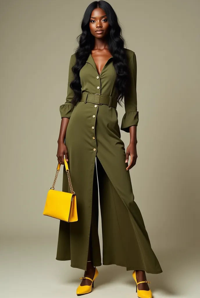 A Nigerian model wearing  a  long black  butterfly cut hair an army green button down  straight gown  and a yellow Mary Jane shoes and a yellow hand bag 
