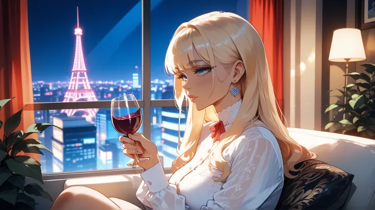 "A lonely woman sitting by a large window at night in a high-rise Tokyo apartment. She gazes out at the neon-lit cityscape with a melancholic expression, holding a glass of wine. The dim lighting casts soft shadows on her face, emphasizing her solitude. Th...