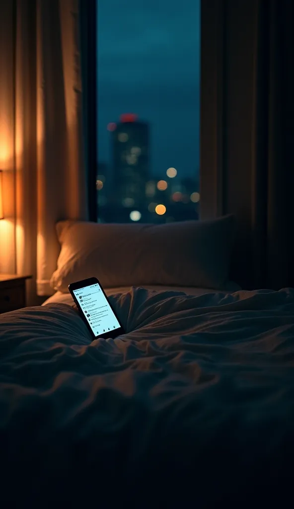 A dimly lit bedroom at midnight, a phone screen glowing with multiple unread messages on the nightstand. The bed is empty—he’s gone. Meanwhile, in another part of the city, a man sits at a rooftop bar, sipping a drink, his phone face-down, fully detached. ...