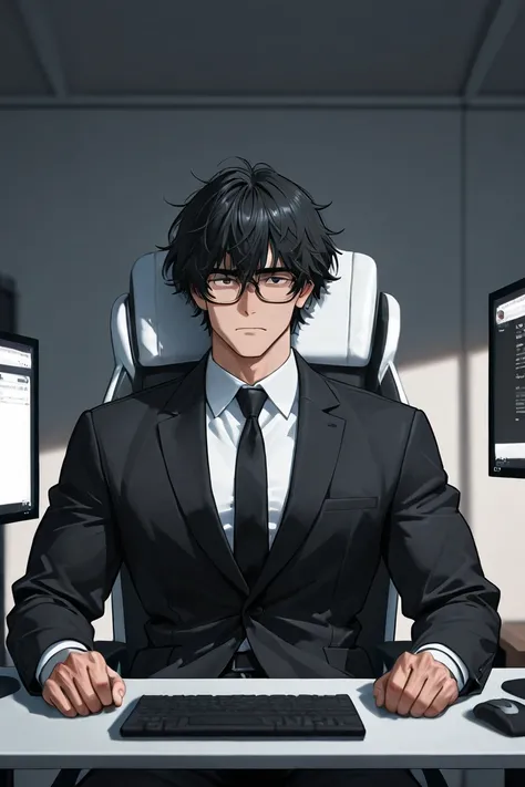 A Man in his 24, with black short messy hair, tall, with subtile muscles, black suit, with a with shirt below, wearing glasses, sitting on a ofice chair in front of a computer. high details, ultra quality, in anime