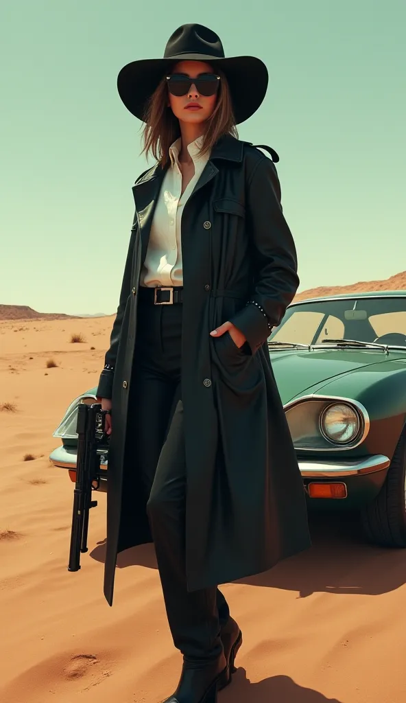 Surrealism girl in a black hat and a raincoat wearing black sunglasses with a gun in the desert near an expensive car 