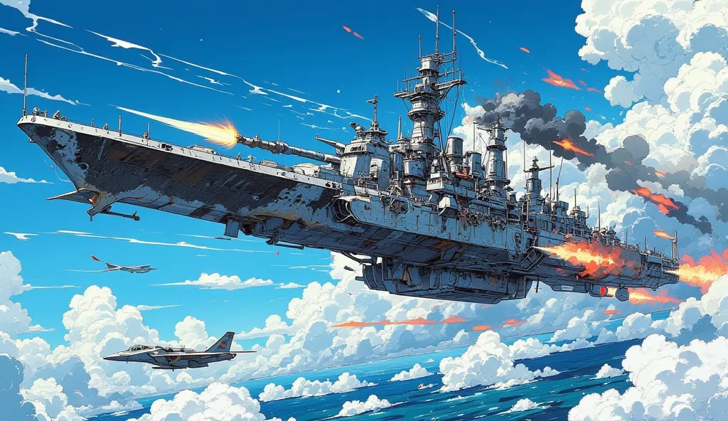 Flying Battleship,World War II warship shape,retro and sophisticated design,Linear shape,main gun fired,cannon,bridge,Machine gun,fly in satellite orbit,Anti-gravity device,Escort fighter,Fleet Warfare ,hit,It&#39;s on fire,soot,blue sky,cloud