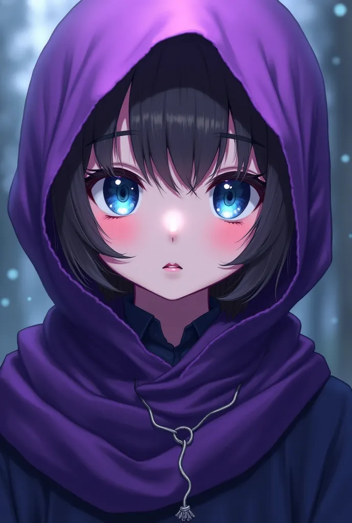 Purple hijab, anime girl, blue eyes, cute, has a hanging rope around her neck