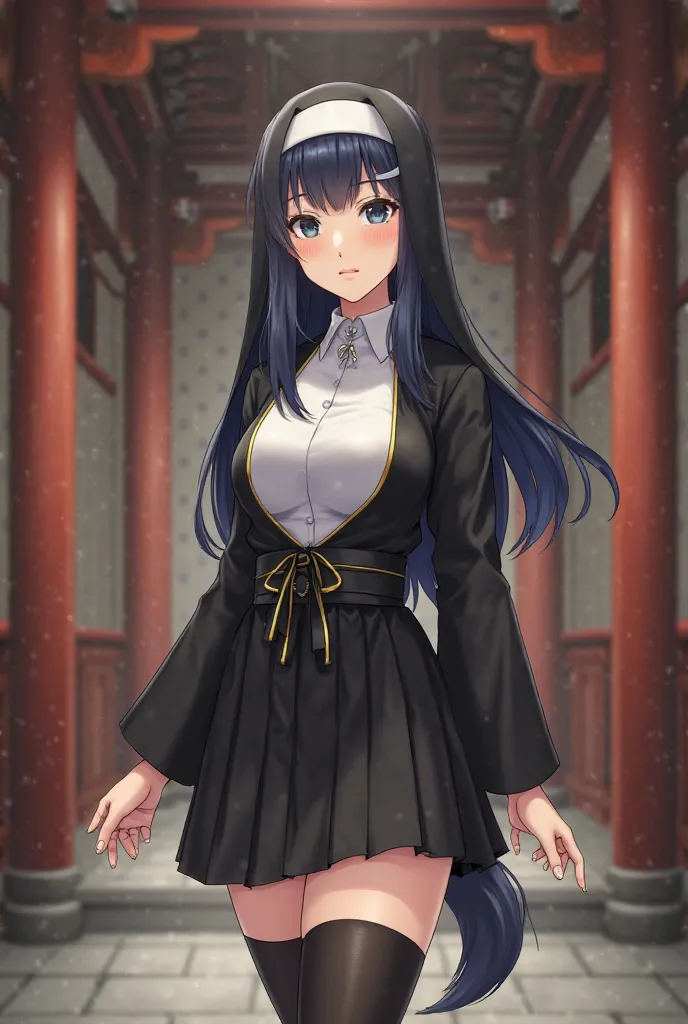 （nun、yes、dark hair、 Big Butts、belly button、black over-the-knee socks、Inside the church、念珠项 1girl\((( Supermodel ))，(( Busty bitch ))， Wolf girl with tail ，freckle，blush，Ponytail， Thin blue hair ， Seductive and cute pose ，cleavage，Black and Gold Kimono，Beau...