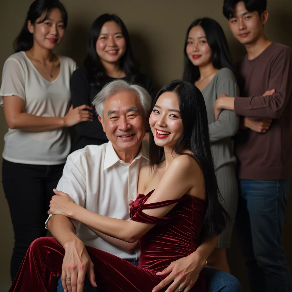 real photo, wide shot, ((full body:1.3)), (((1 korean beautiful young girl and 1 old korean man couple, taking a photo with old man's family))), {(((A korean beautiful girl sitting on the old man's lap, lift hands and behind head))), full body, show legs, ...