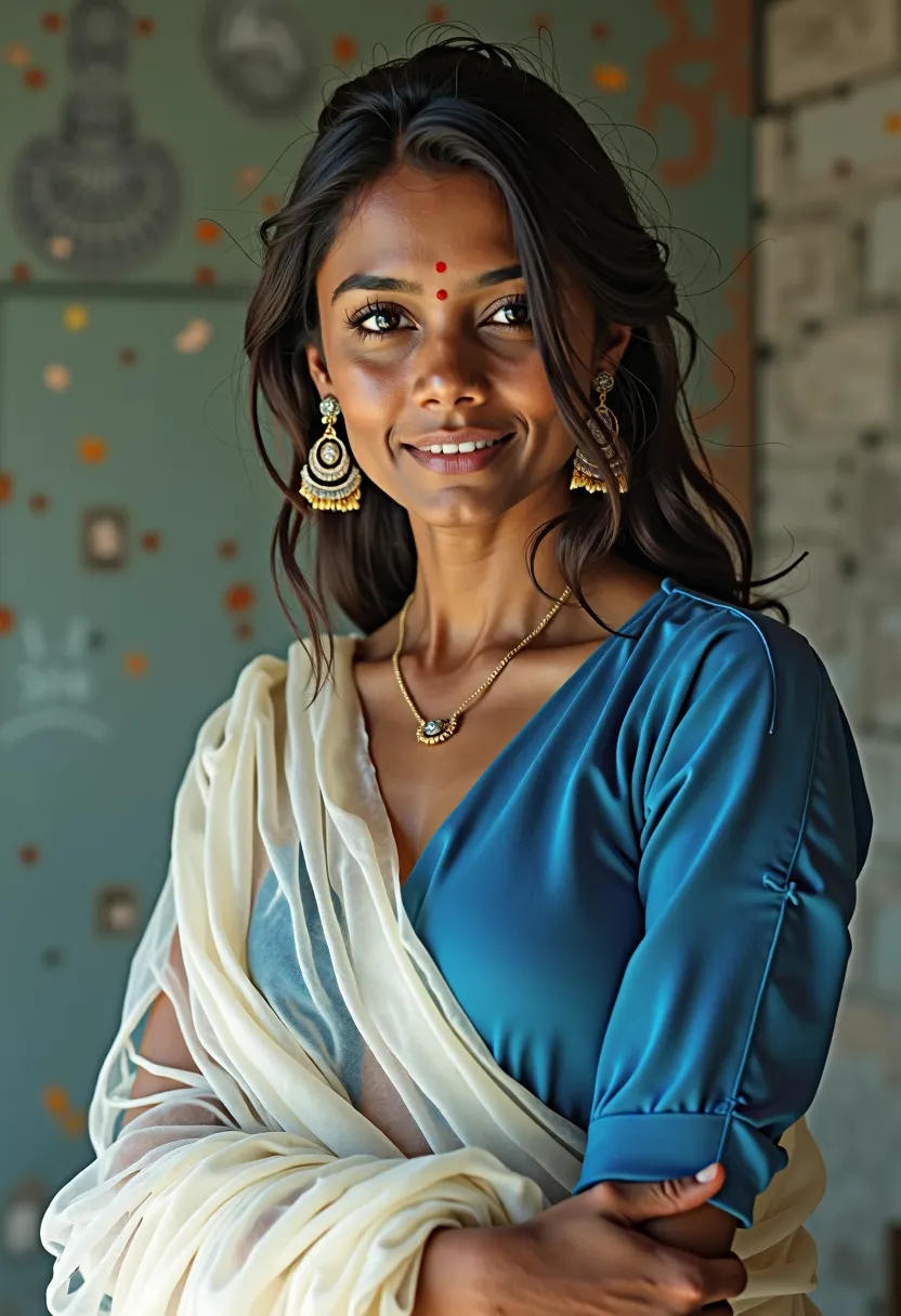 A beautiful-looking Sri Lankan woman was dressed in a blue blouse and a white, flowing sari. Her face had a sensual look. Her breasts were clearly visible from the top.