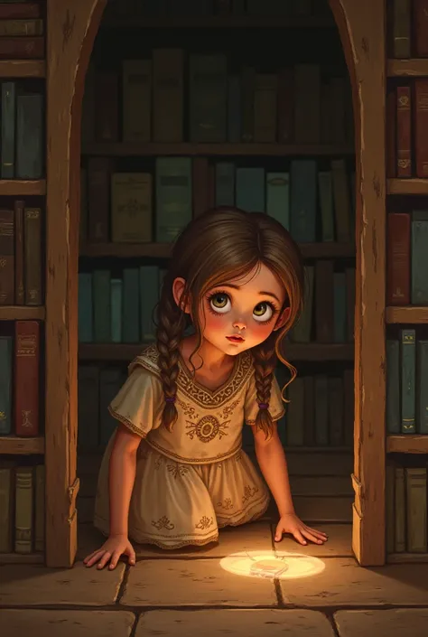 curious girl with braided hair kneeling in front of a small glowing door hidden behind a bookshelf in an old, cozy house