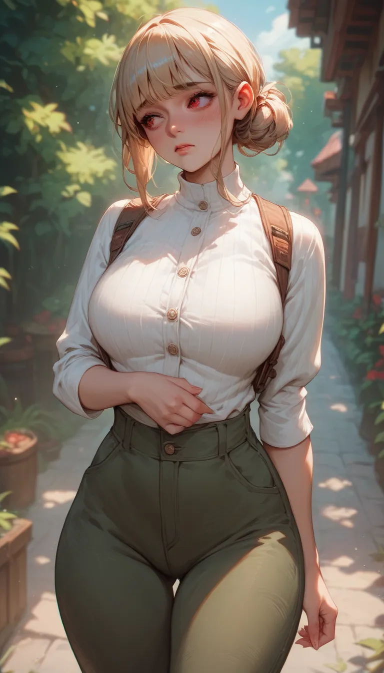 Blond hair girl, curvy, red eyes, hair with bangs, shy, blushing, looking away, panting, , old hunter clothes , curvy, sexy, old pants 