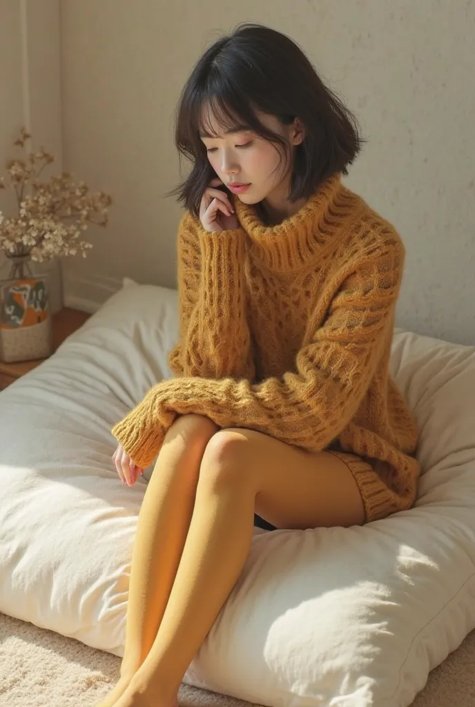 A young Japanese woman with short hair is relaxing on a large white cushion、wearing mustard colored wool high neck sweater and mustard colored tights、Just tights and no shoes、retro romantic vibe