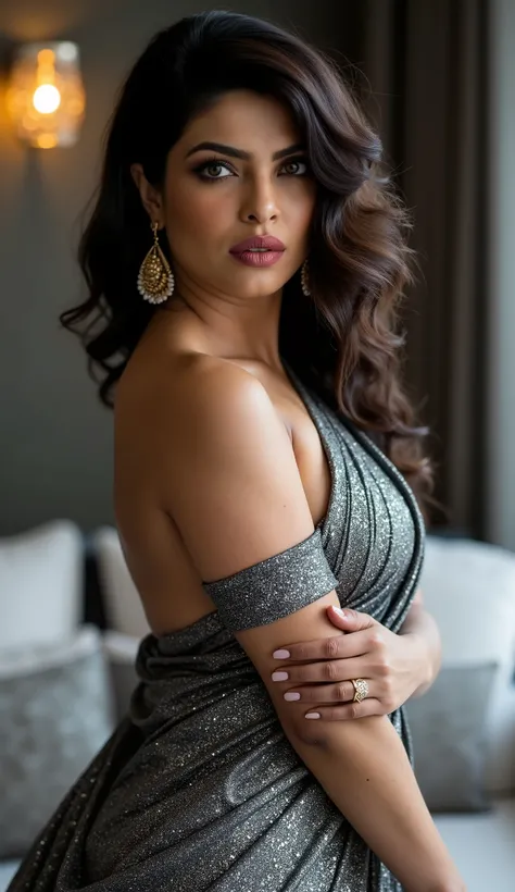 Full body photo of PriyankaChopraFlux wearing grey metallic indian saree, giving strict mistress pose inside modern bedroom of high rise apartment, seductive behaviour looking at camera with evil horny expression, lots of heavy makeup, black kajal, eyes sh...