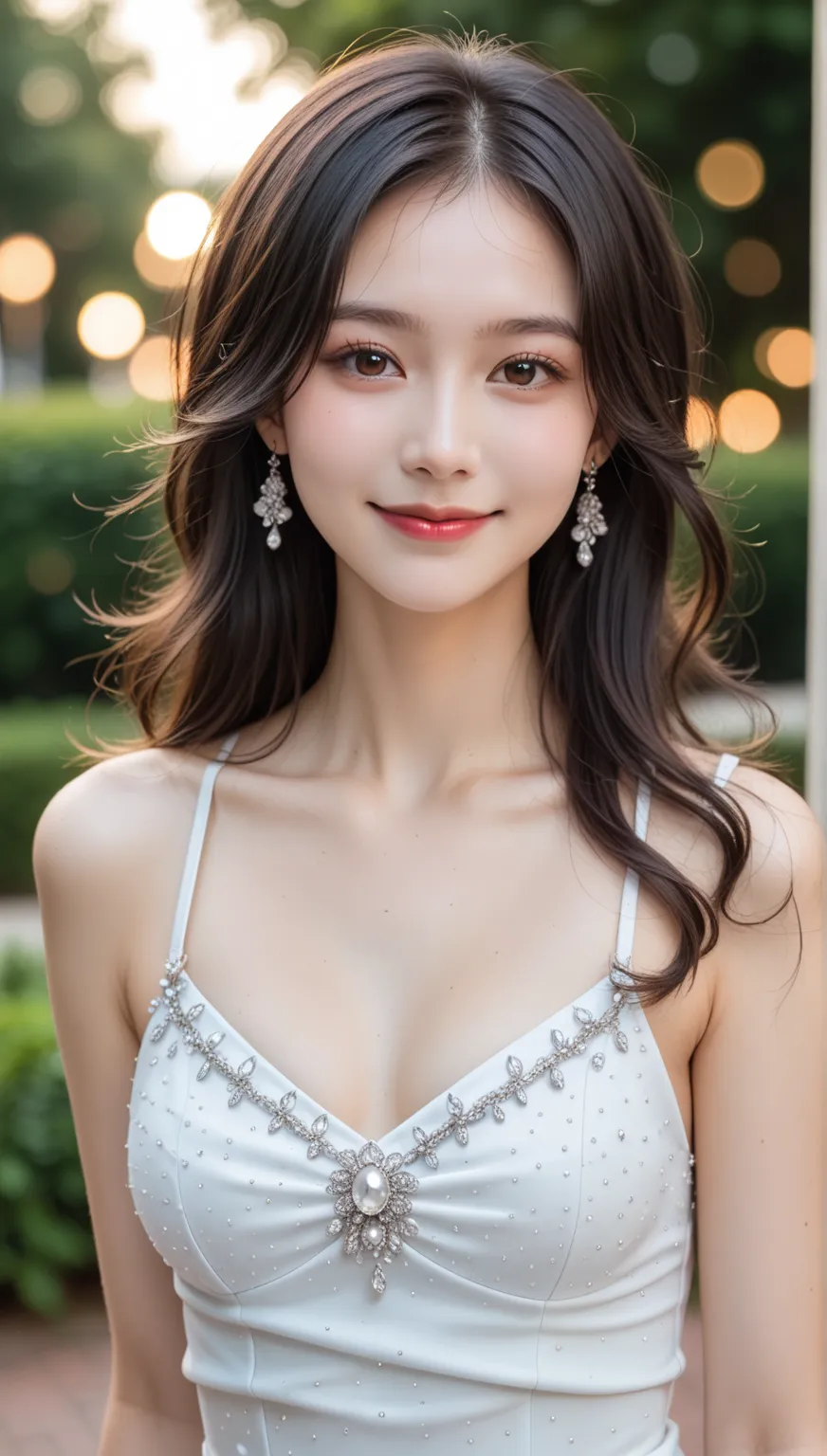 "A breathtakingly beautiful 20-year-old woman with long, straight, waist-length black hair, gazing directly at the viewer with a soft, warm smile. Her sleek, straight black hair is perfectly smooth and naturally flows down her back, with no curls or waves....