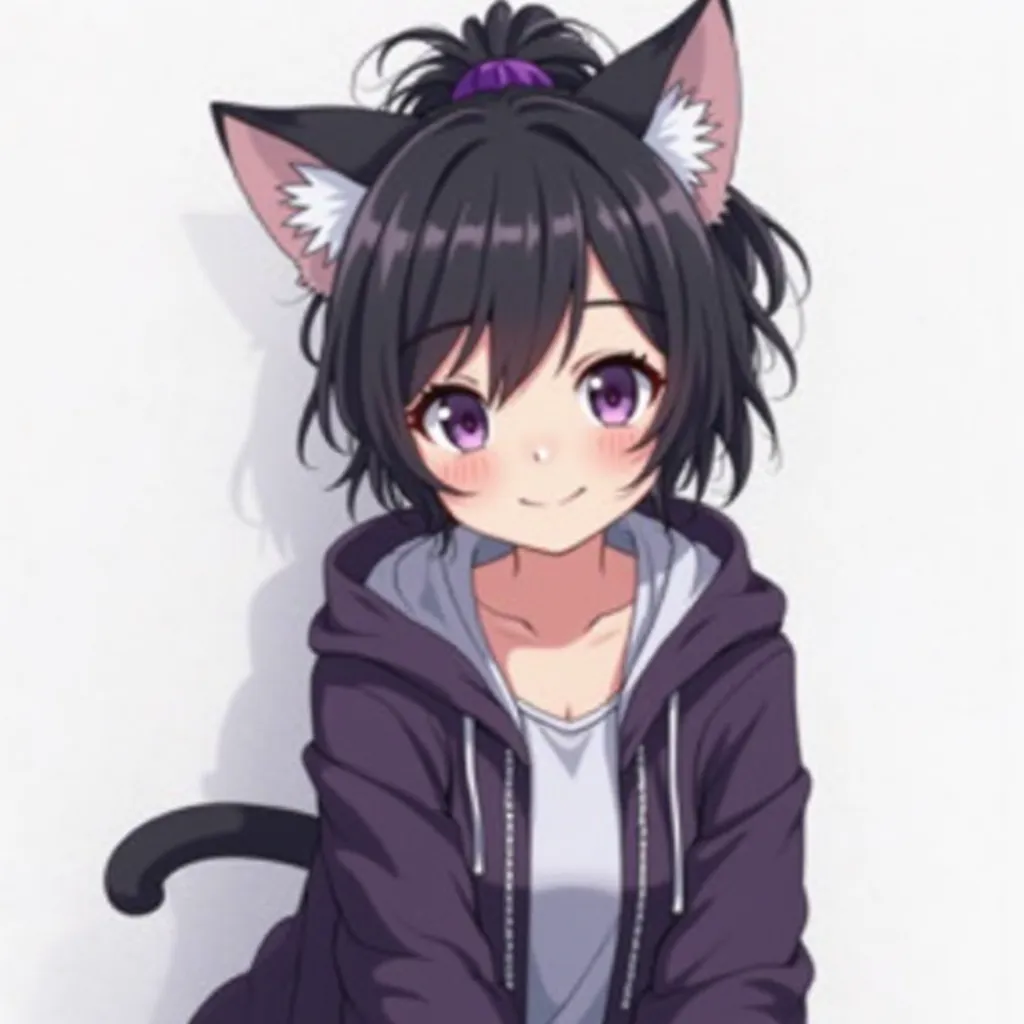  make an anime girl image of the following traits i.e.
- Hairstyles: Her hair is long and black , with one piece of purple hair on the left side.  The main hairstyle is a high ponytail tied at the back rather messy.
- Bangs Style: The bangs or front part o...