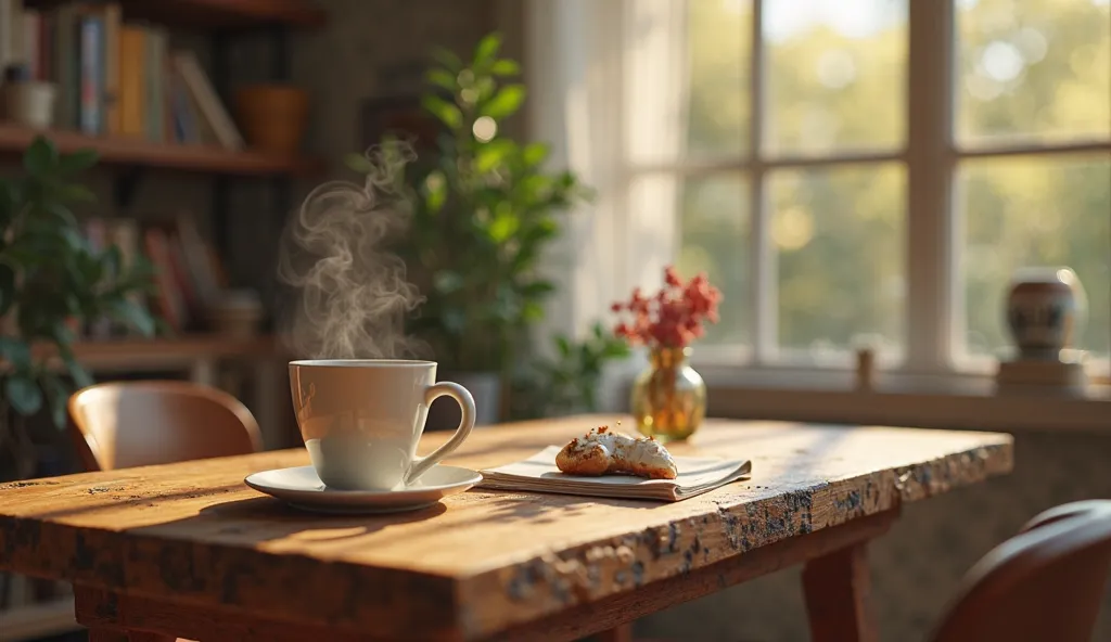 Table with coffee on it　Is steam coming out of coffee　