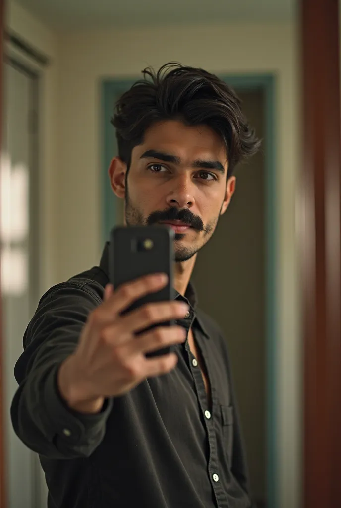 there is a man taking a selfie in a mirror, a picture inspired by Sudip Roy, reddit, neo-dada, very very low quality picture, headshot profile picture, profile pic, profile shot, unibrow, thin moustache, with mustache, profile picture, aykut aydogdu, aroun...