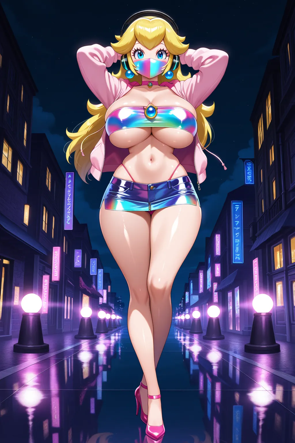 masterpiece,best quality, amazing quality, very aesthetic,anime screencap,1girl,female focus ,princess peach,huge breasts,curvy,wide hips,pose, shiny clothes,underboob, micro tube top,strapless,, high heels tight clothes, micro skirt, highleg panties ,open...