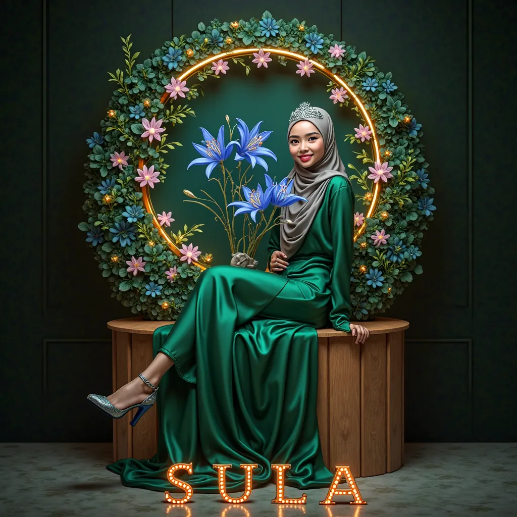 Luxury 3D realistic clear relief painting of a beautiful young Malay woman in green hijab and wearing a long elegant shiny green dress and shoes and a modern hijab style with a sparkling crystal crown. The woman sits gracefully in a round garden on a woode...