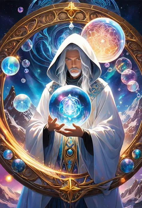 
               ((Correct Anatomy) ) mystical runes The runes of the magic team emit mystical light ，Attractive and intriguing. 

                  Beautiful astrologer with long flowing white hair.  A beautiful astrologer wearing a white glowing hood has ...