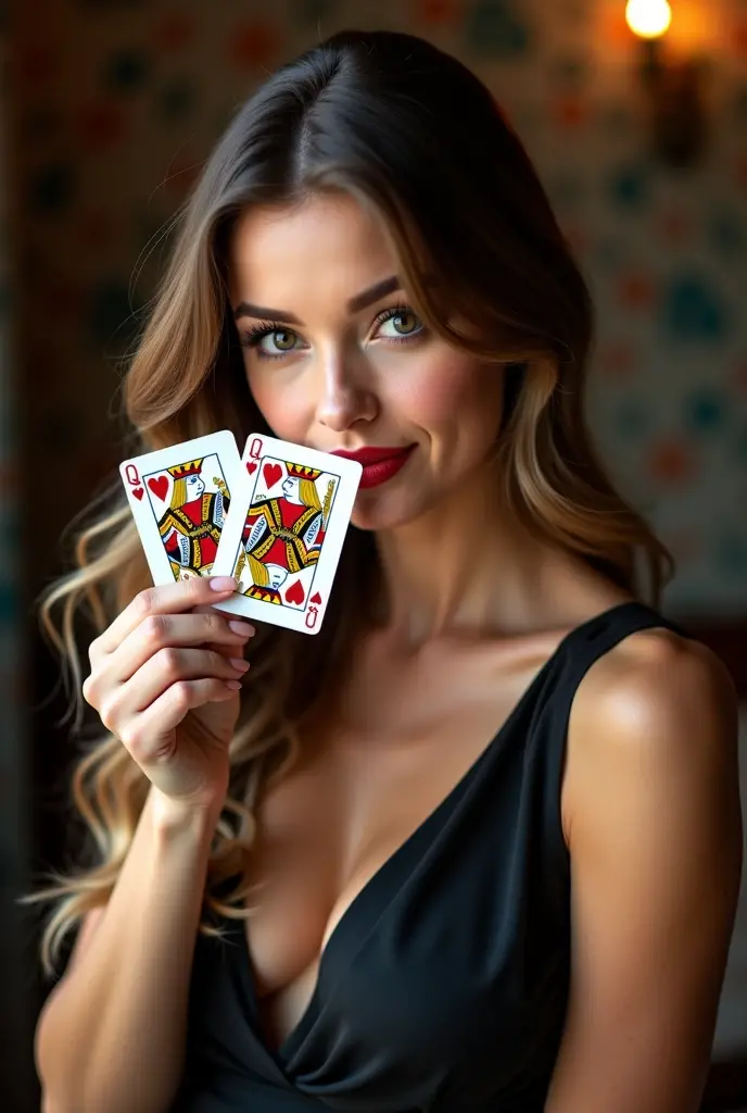 a girl of 25 years old , brunette a cards playing suit worms in the shape of a heart