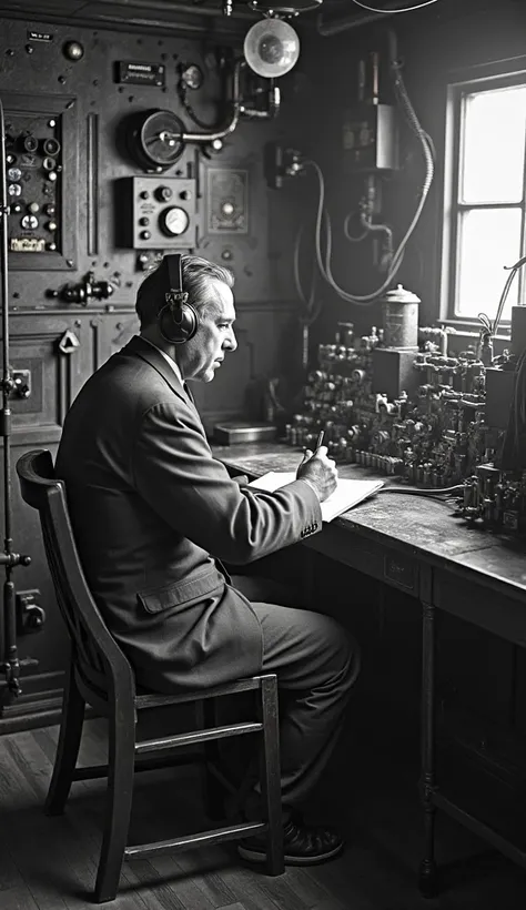 "A historical photograph showing a man sitting inside a compact wireless telegraphy room, wearing headphones and writing on a notepad. The room is filled with early 20th-century radio equipment, including telegraph transmitters, receivers, and switches. Th...