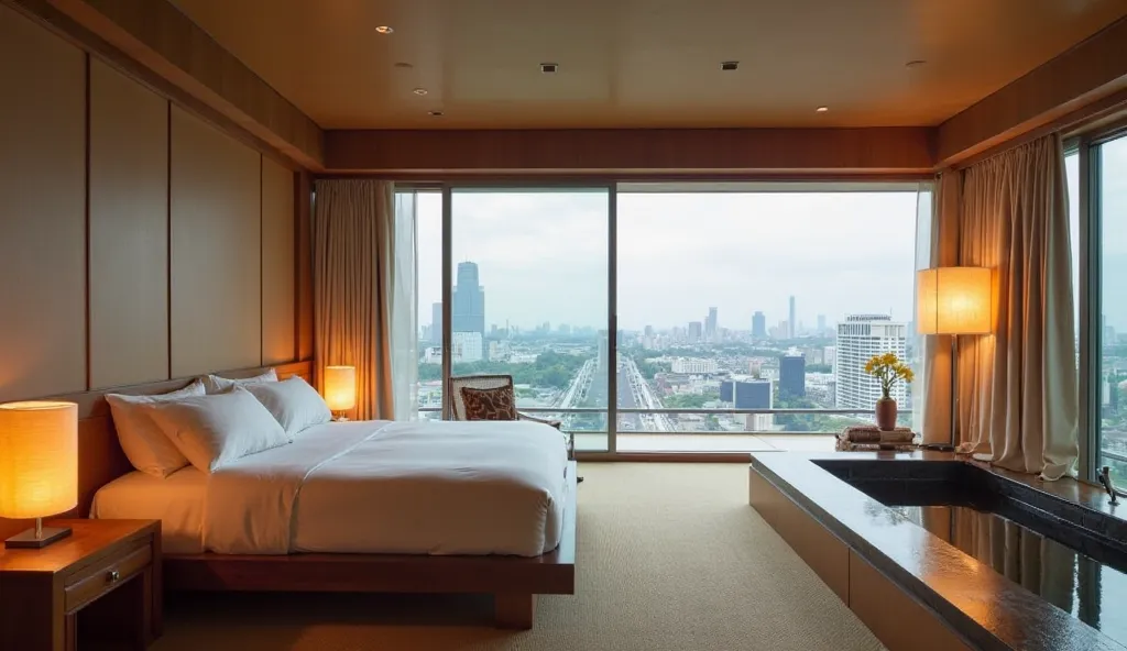 A serene, luxurious suite in Aman Tokyo, blending traditional Japanese architecture with modern minimalism. A low wooden bed with fine linen, a private soaking tub next to a floor-to-ceiling window with a panoramic view of Tokyo. The soft glow of paper lan...