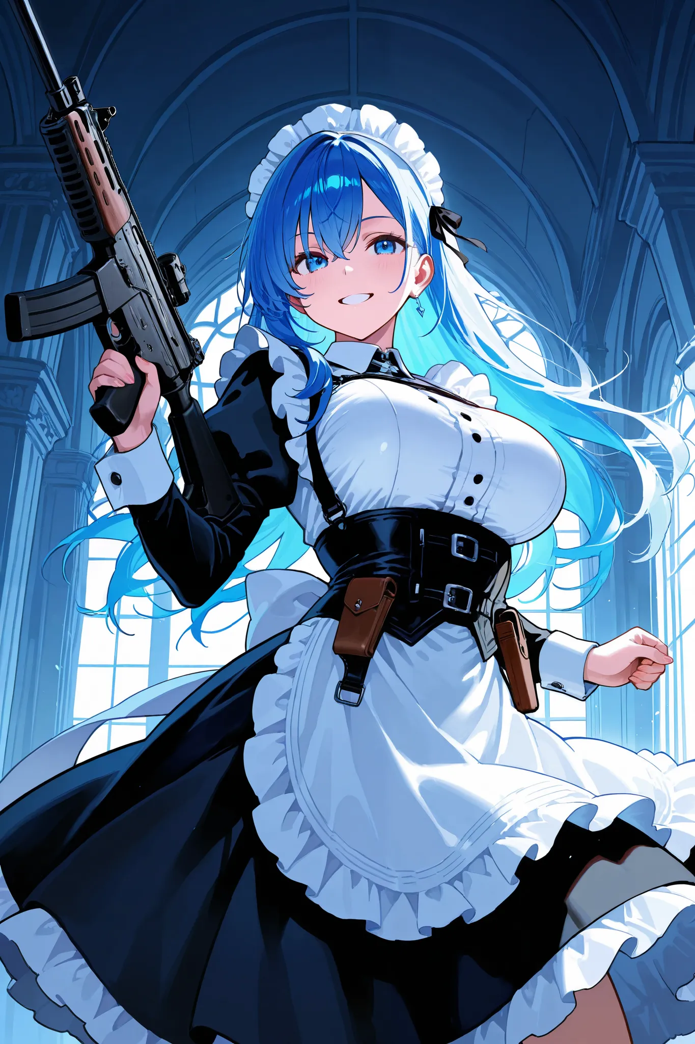 (score_9, score_8_up, score_7_up), source_anime, absurd_res, white, blue, black, 1girl, solo, super fine illustration, an extremely delicate and beautiful, best quality, masterpiece, 8K, extremely cute battle maid, vibrant hair, beautiful eyes, extremely l...