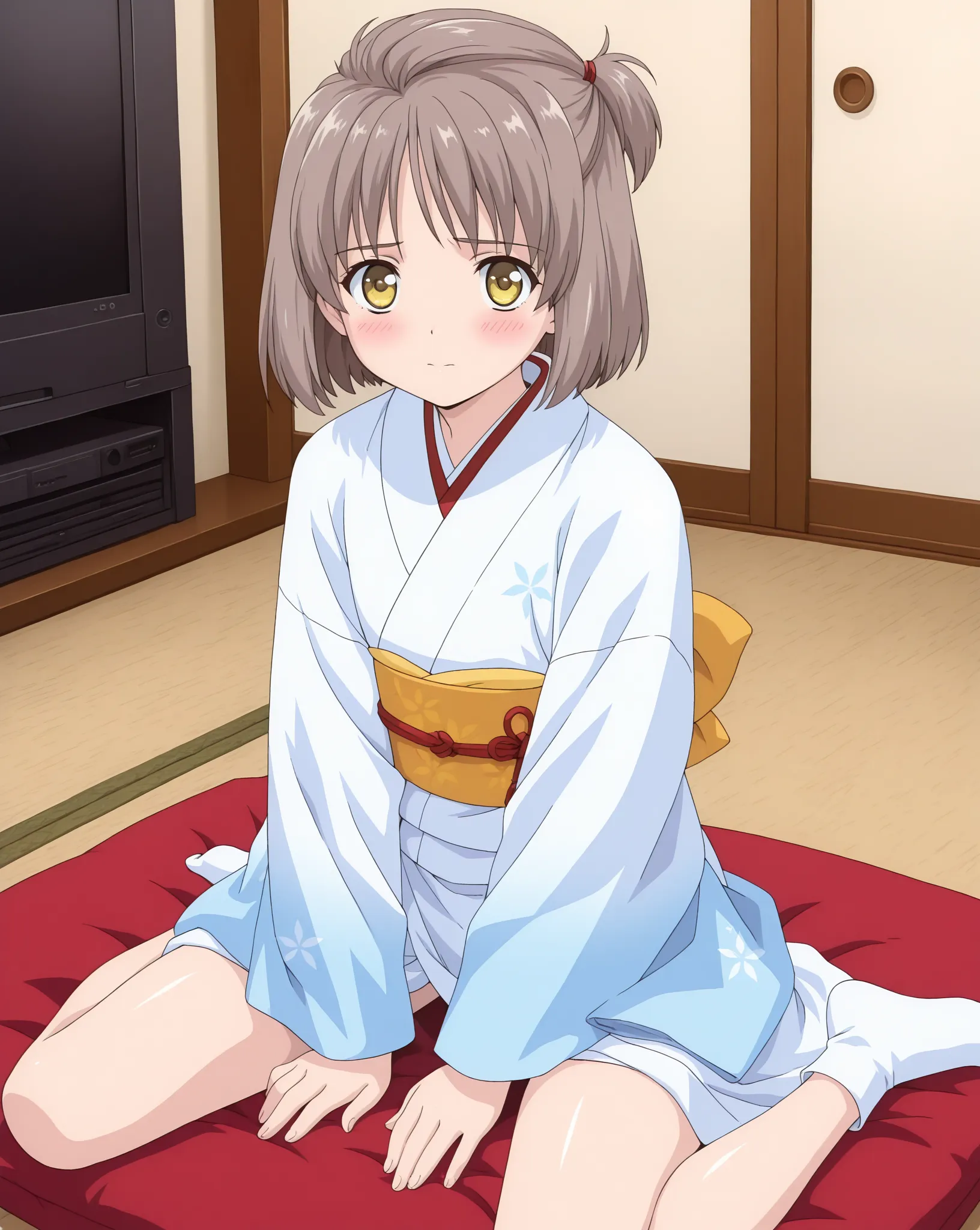 masterpiece, best quality, newest, flat chest, blush, inmaseiden_kameyama_hitomi, brown hair, grey hair, short hair, yellow eyes, half up, japanese clothes,white obi,kimono,tabi,geta,  sitting, wariza, 1girl, close to viewer, living room,  2000s \(style\),...