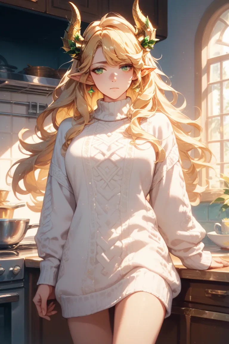 Long blonde hair female, green eyes, glittery gold horns, pointed ears, tired expression rubbing her eye with one hand, wearing a thick knitted white sweater, bare legs walking into a morning lit kitchen 