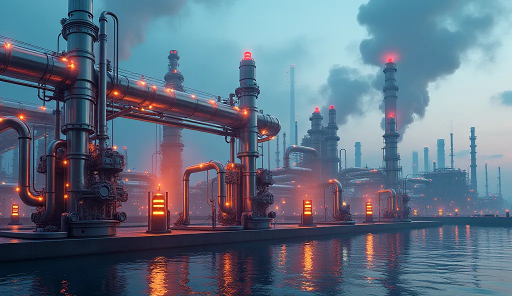 "Create a realistic image of a futuristic fuel station located in a technologically advanced city. The station should feature large, advanced fuel pumps with glowing hoses and intricate pipelines. There should be industrial elements like smokestacks or ene...