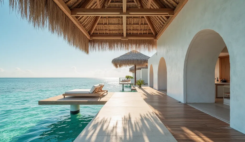 An ultra-luxurious overwater lobby at Cheval Blanc Randheli, Maldives. A sleek modern design with a thatched roof, teakwood floors, and open-air pathways floating above turquoise waters. The sunlight reflects off the calm ocean, casting shimmering patterns...