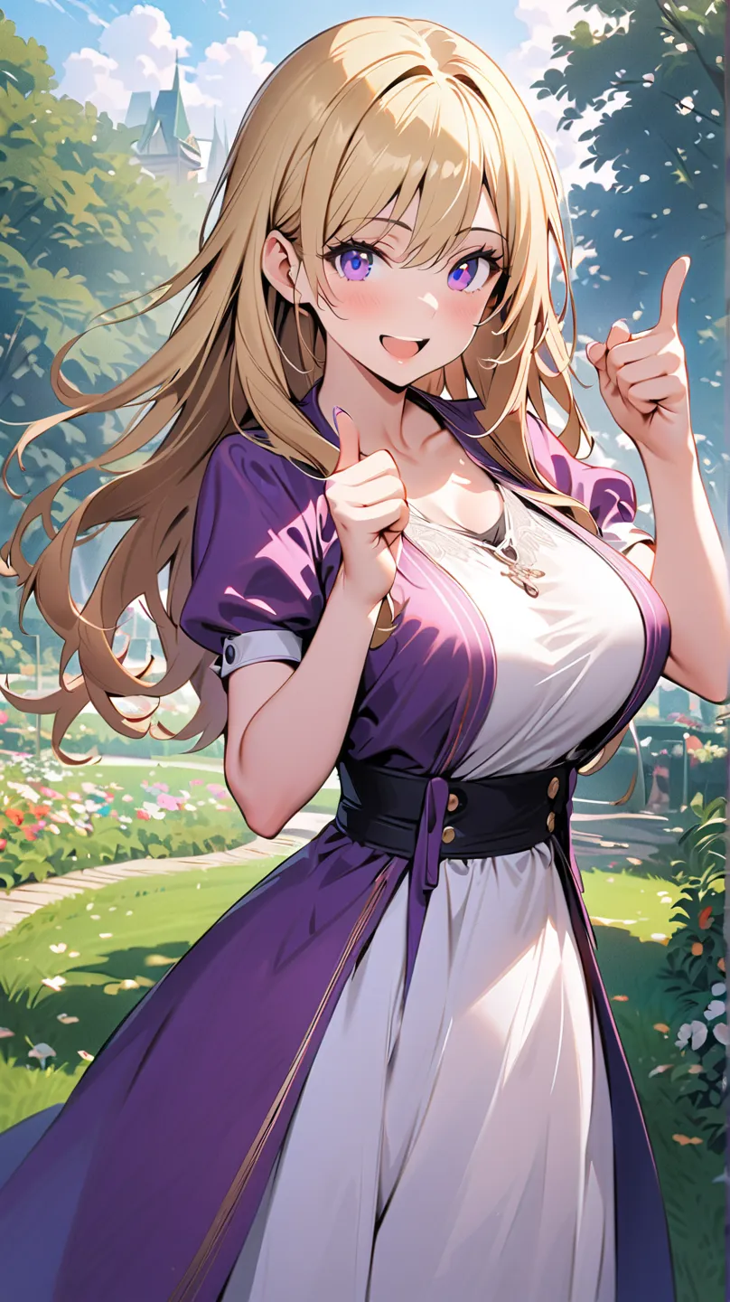 1 girl, alone, solo,
((Top Quality、High Resolution、 highly detailed 8k wallpaper))

purple eyes, long hair,blonde hair,medium boobs, Adult women ,mature, Stylishly dressed. ,Midsummer Park,

smile,open your mouth,Like,Thumbs up pose, thumbs up,viewers

