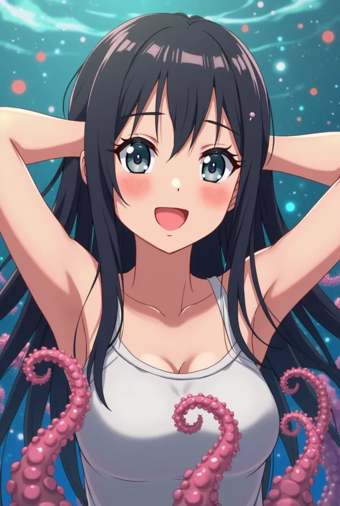 Hinata Hyuga, tickled, tentacles, smiling, armpits, tank top, 4k, anime style, arms up 