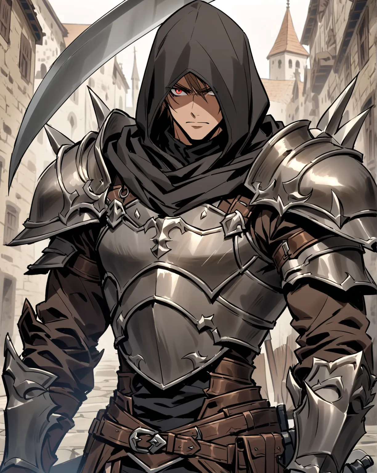 Guerrier medieval European fantasy, (Alone), Athletic features, 28 ans,  brown hair,   short hair, yeux gris, armure noir, black hood, muscle, regard sinistre, plan mi-large, Mower weapon, regarder au loin, light armor,  full armor , reaper style