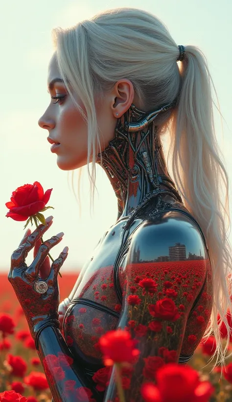 (masterpiece:1.2,exceptional quality,display case,Cinematic Experience,photorealistic,RAW photos, super detailed ),8k,wallpaper,(Beautiful multiple exposure combining blonde girl,  Woman, Cyborg and Cyberpunk City),(the background is a beautiful flower fie...