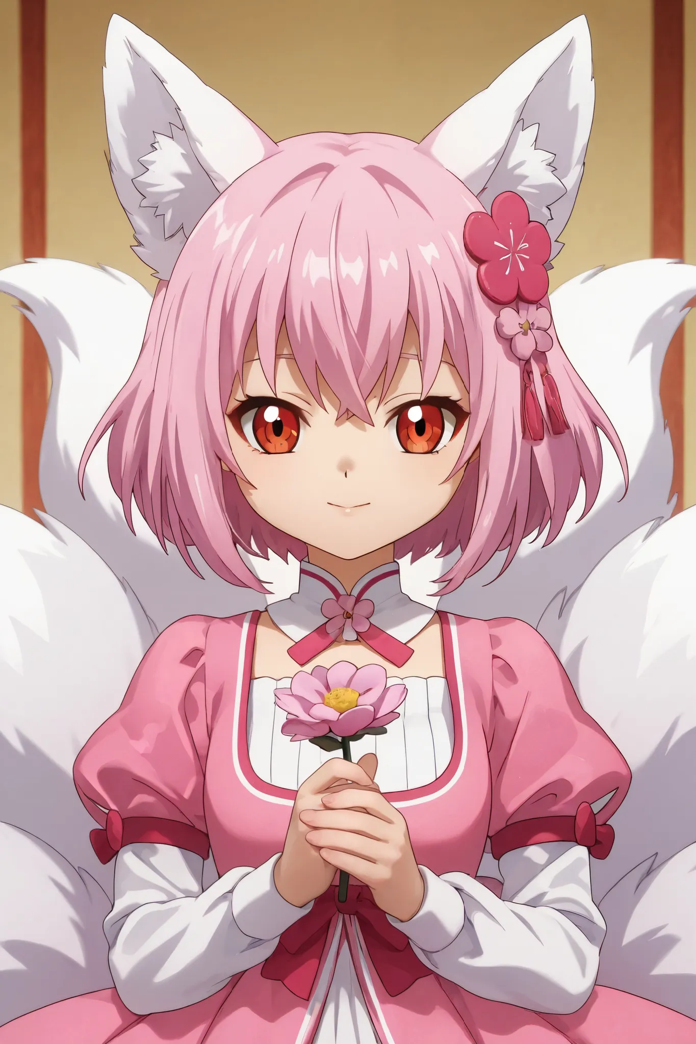 Nine Snow White Fox Tails (1.0), Milky Fox Tail (1.0), Nine-tailed fox close-up, Nine Tail, Nine Tail, anime girl with pink hair and pink dress with flower decoration, very  Beautiful Anime Fox Girl,  Beautiful Anime Fox Girl, Beautiful Fantasy Anime, Gwai...