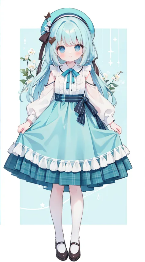 full body、a dignified picture、light blue hair、 brown beret、plaid slip dress、chocolate mint、pale blue eyes、Light blue shirt、 brown ribbon 、cute little、masterpiece、top quality、TOP QUALITY