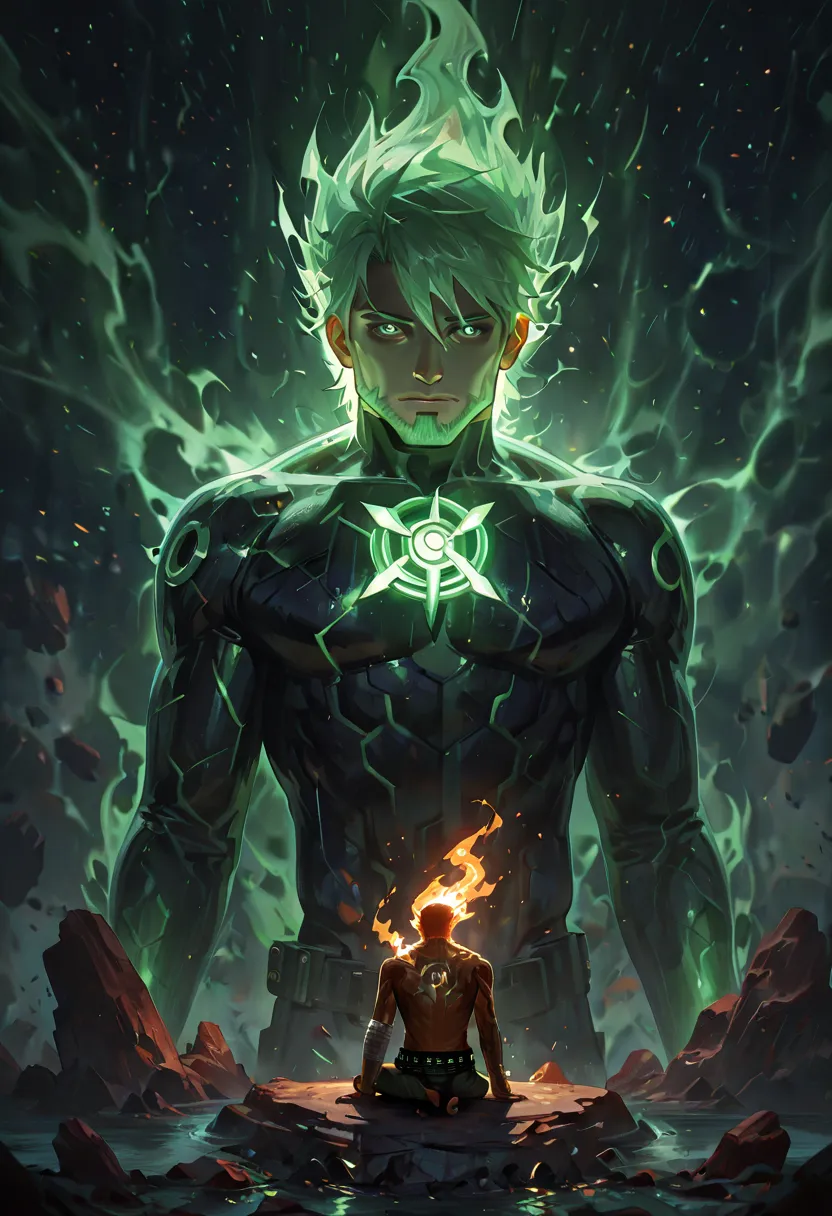 Green Lantern sitting on a research platform floating in the middle of the asteroid belt. He uses notes to study, Surrounded by several asteroids that emit a fiery aura.  Dramatic lighting from distant stars and planets illuminates the scene, Cast a deep s...