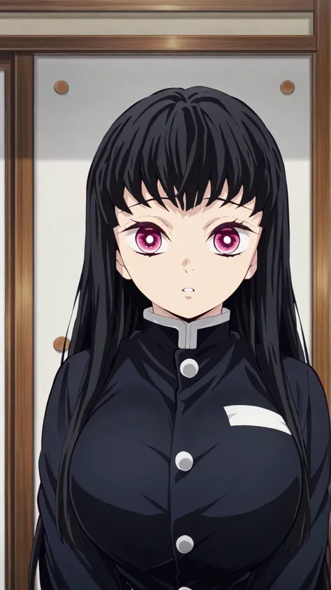 kimetsu no yaiba style, anime screen cap, 1girl, big breasts, long hair, straight bangs, hime cut, black hair, pink eyes 