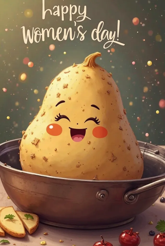 Create a picture of a happy potato in a frying pan and in the middle it should write: "Happy Women's Day Olek!!"