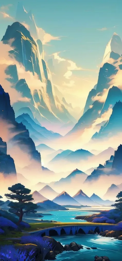 Here's a painting depicting a mountain scene and a river,  Onmyoji detailed art,  background art, Anime Landscape, Avatar Landscape, The Legend of Korra setting,  a very coherent stylized work of art, painted as a game Concept map,  Onmyoji, painterly Conc...