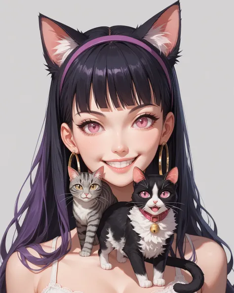 cat, catสวย, catสีม่วง,high resolution,  long hair, look at the viewer, high resolution, Masterpiece, Character Design, Anime, สไตล์Anime, หูcat, Hoop earrings,  pink eye drill, simple background,  long hair,  black hair,  long hair,  black hair, purple ha...