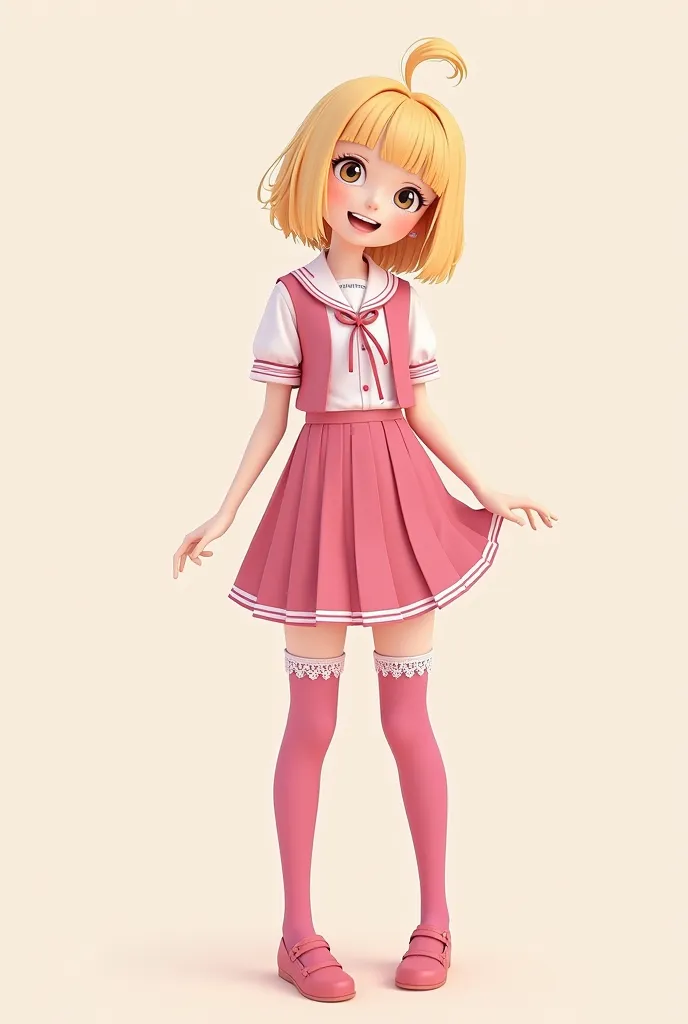 An  blonde girl wearing a pink schoolgitl outfit and pink stockings