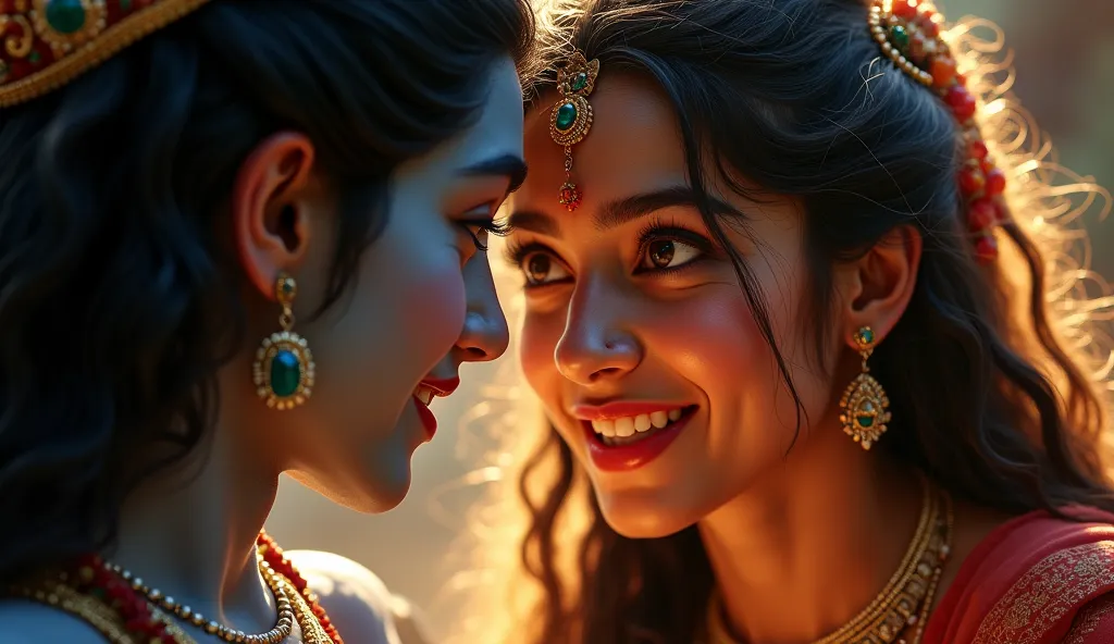 A dramatic close-up of Draupadi’s face, reflecting surprise and happiness as Krishna unexpectedly applies color on her forehead.