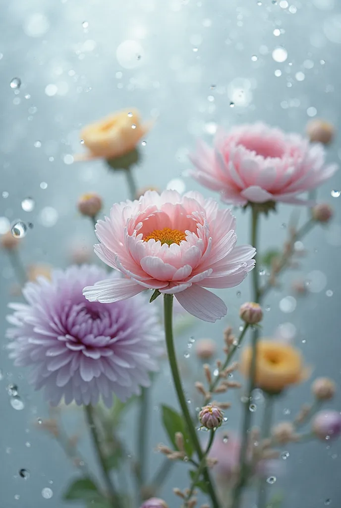 photo of pastel-colored ranunculus through transparent glass, slightly fogged and covered with water droplets