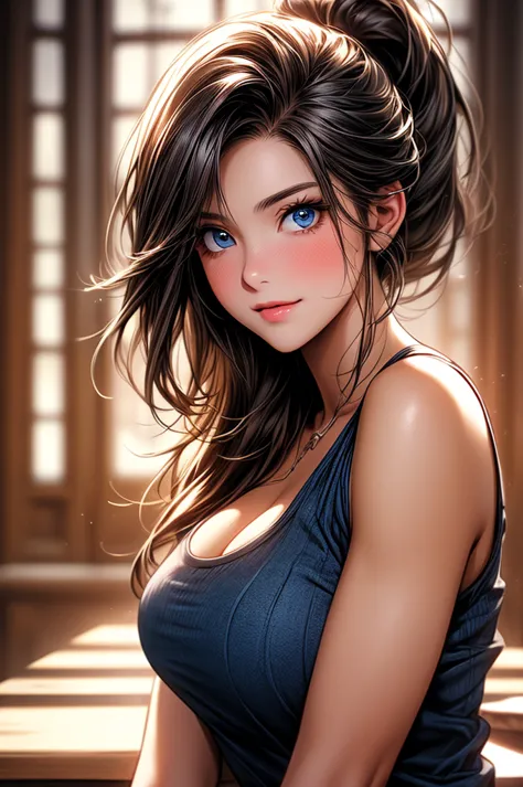 Masterpiece, ((1 girl, Brown Hair, Tan Skins, Brown Skins, Low Muscular)), ((Best Quality)), ((Close up)), (Ultra-detailed), Highly detailed, ((Big Breasts)), Perfect Lighting, Perfect background, ((Ponytail Long Hair, Brown Hair, Blue eyes)), ((25-years-o...