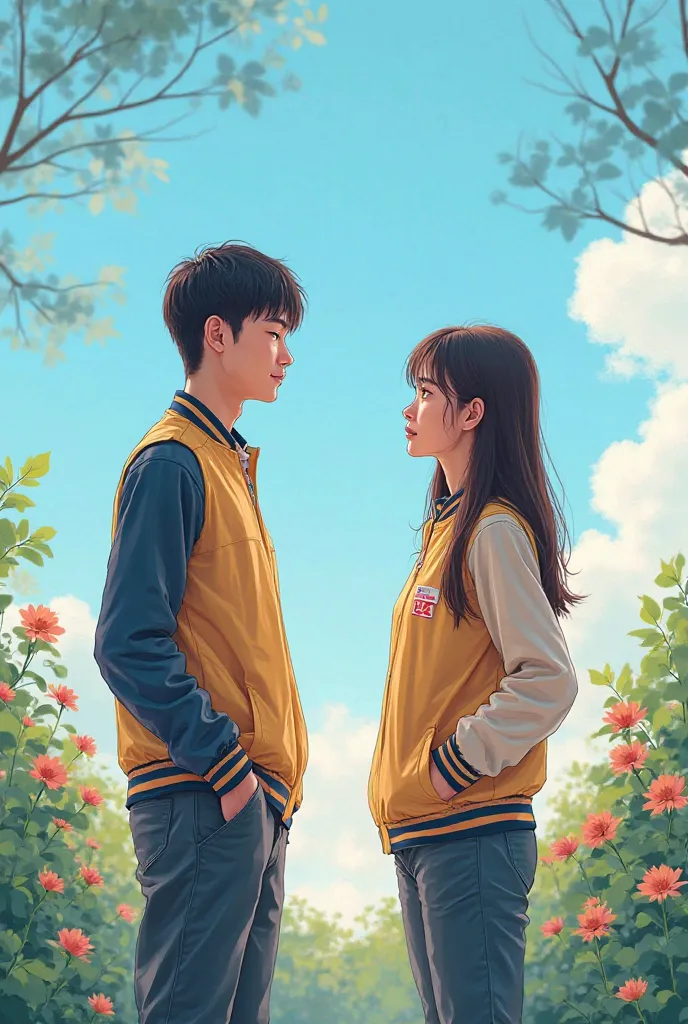 I want to draw a picture of two Vietnamese students, a man and a woman, affection Thanh Xuan school garden, wearing gym uniforms or jackets similar to those of Northern Vietnamese students , meeting against a blue sky Maybe there are pictures of school or ...