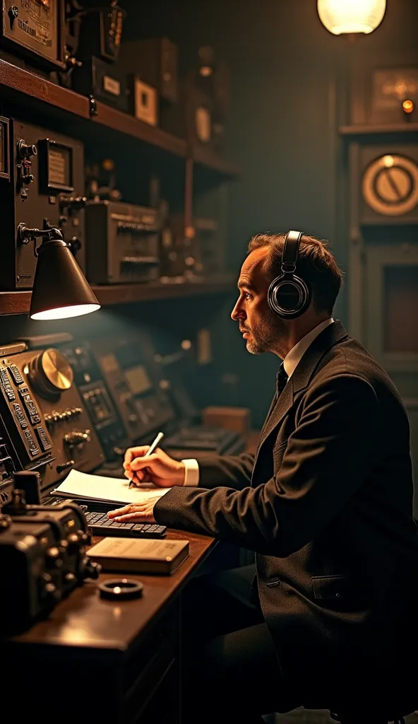 "A historical photograph showing a man sitting inside a compact wireless telegraphy room, wearing headphones and writing on a notepad. The room is filled with early 20th-century radio equipment, including telegraph transmitters, receivers, and switches. Th...