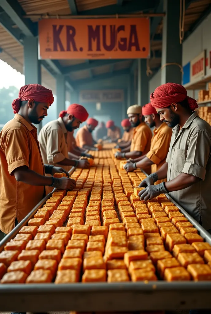 "Create an image capturing the process of laborers packaging square-shaped peanut candies in the Indian company 'KNR MUGA.' The scene should depict workers in traditional attire, carefully wrapping each candy in eco-friendly materials like parchment paper ...